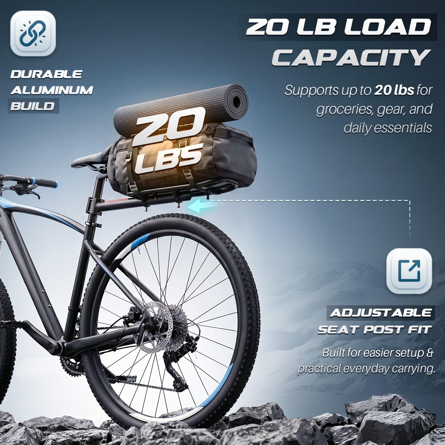 Flexzion Bike Cargo Rack, Adjustable Aluminum Rear Rack, 20 lb, Black | Bike Luggage Rack with Seat Post Mount, Extendable Platform