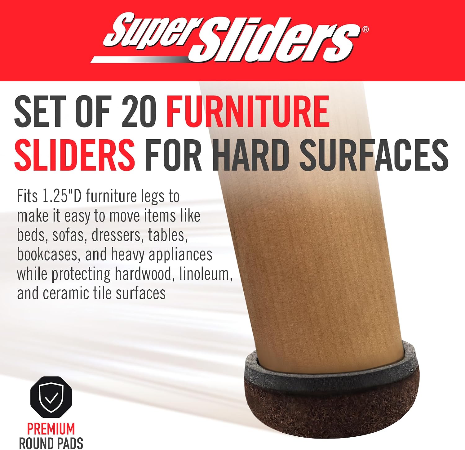 Super Sliders Secure Grip Formed Felt Movers for Furniture to Protect Hard Surfaces, 1.5", Walnut Brown (4 Pack)