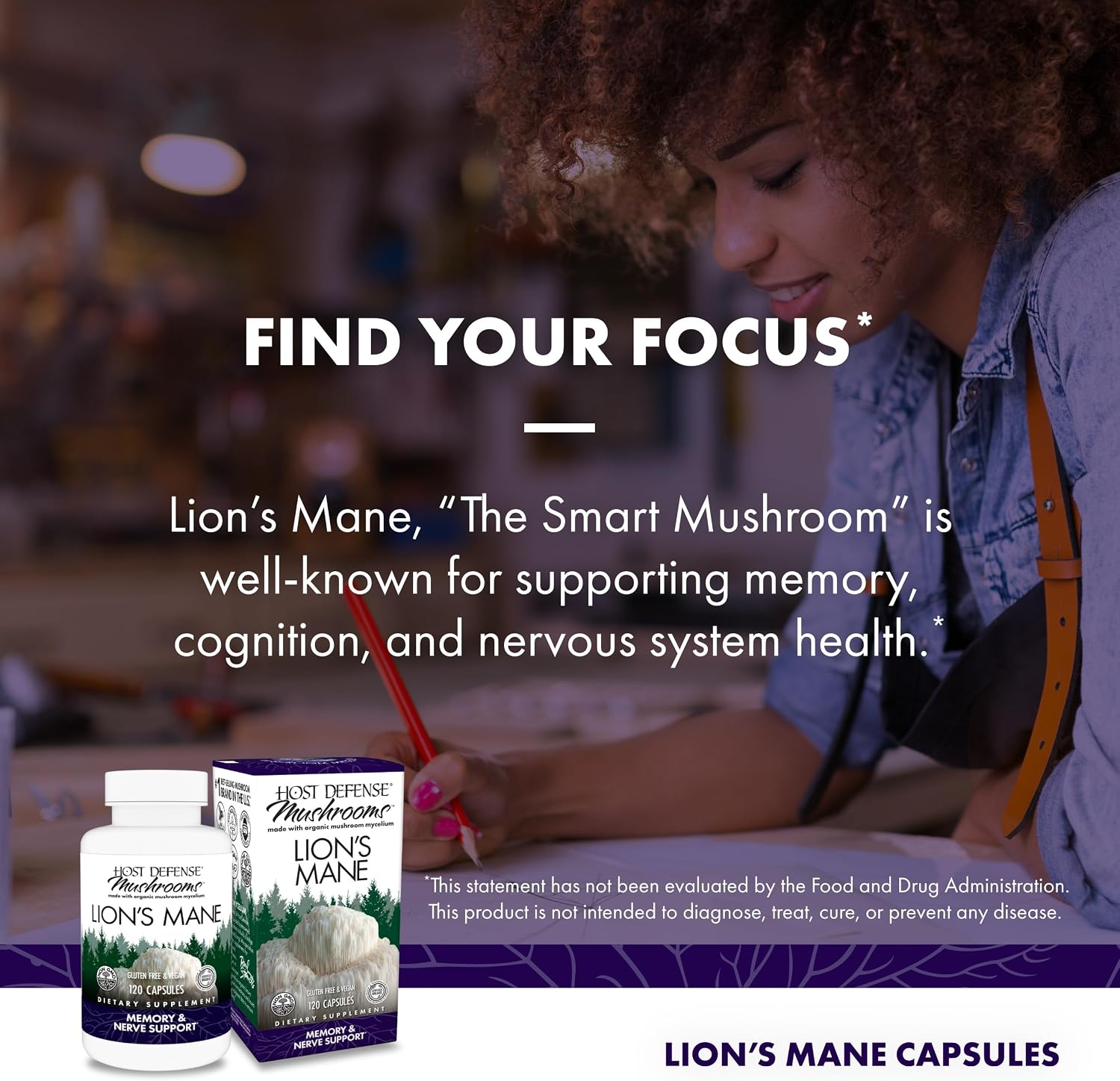 Host Defense Mushrooms Lion's Mane - Brain Health Support Supplement for Focus & Memory Function - Immune & Nervous System Support Supplement- 30 Capsules