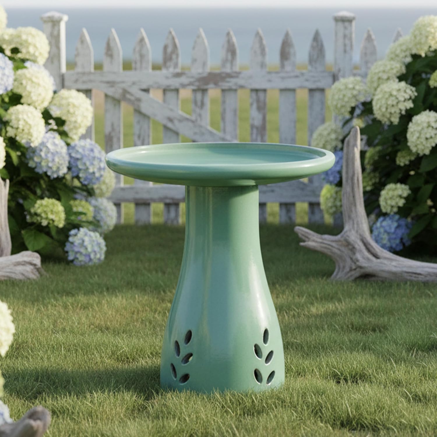 Sunnydaze Hand-Painted Ceramic Outdoor Bird Bath for Garden, 21” H, Seafoam
