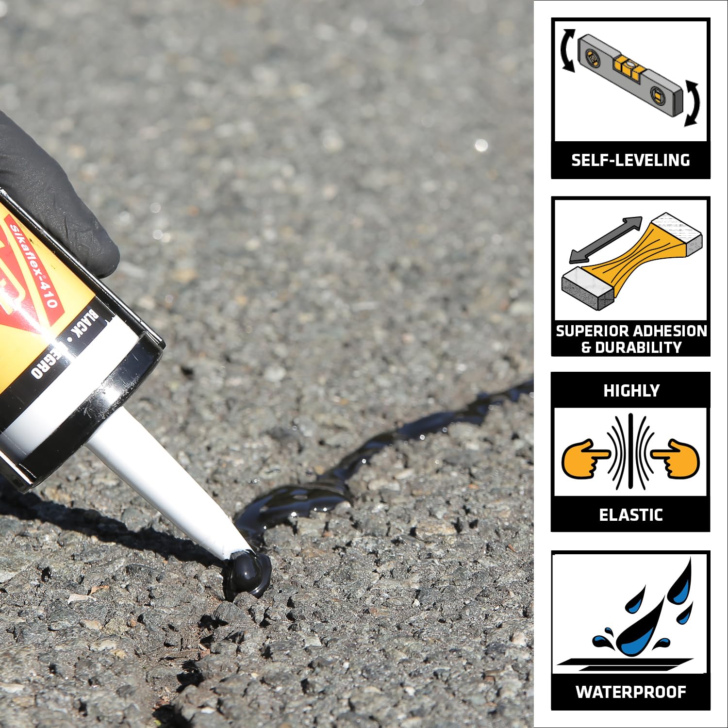 SIKA Sikaflex-410 Asphalt Sealant, Black, Self-Leveling Hybrid Sealant for Filling Cracks in Asphalt Driveways, Roadways