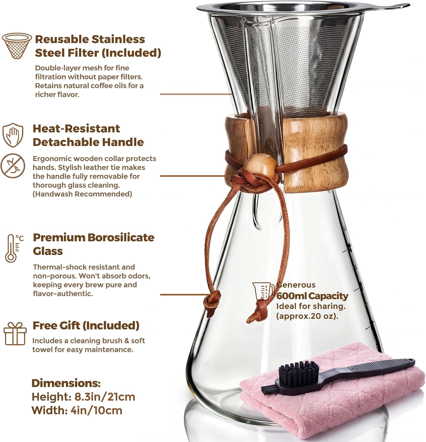 AGOGO Pour Over Coffee Maker Set, 34oz Classic Style, 304 Stainless Filter | Barista kit for home kitchen, Cafe, Camping & Office; 20oz-40oz Classic, Slim, Diamond styles; Includes brush & towel.