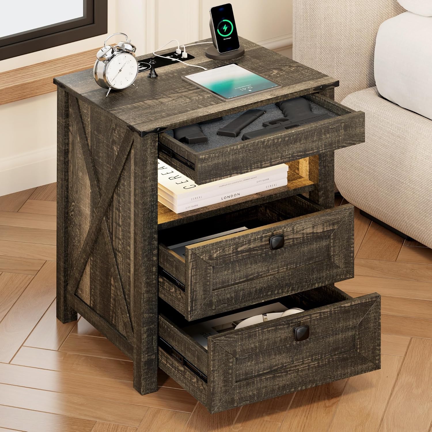 Farmhouse LED Nightstand with Gun Drawer&Invisible Lock,Modern Bedside Table with Human Sensor Design,Rustic Side Table with Wireless Charging for Living Room, Dark Oak