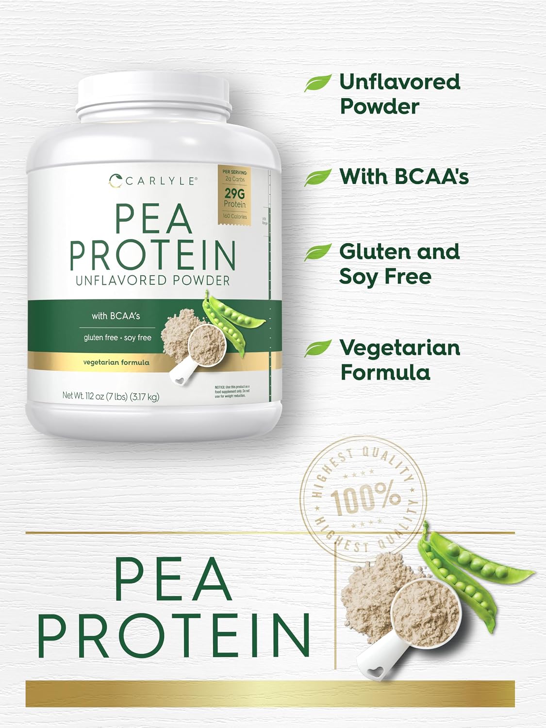 Carlyle Pea Protein Isolate Powder | 7lb | Unflavored | 29G Per Serving | Vegetarian, Non-GMO, Gluten, and Soy-Free