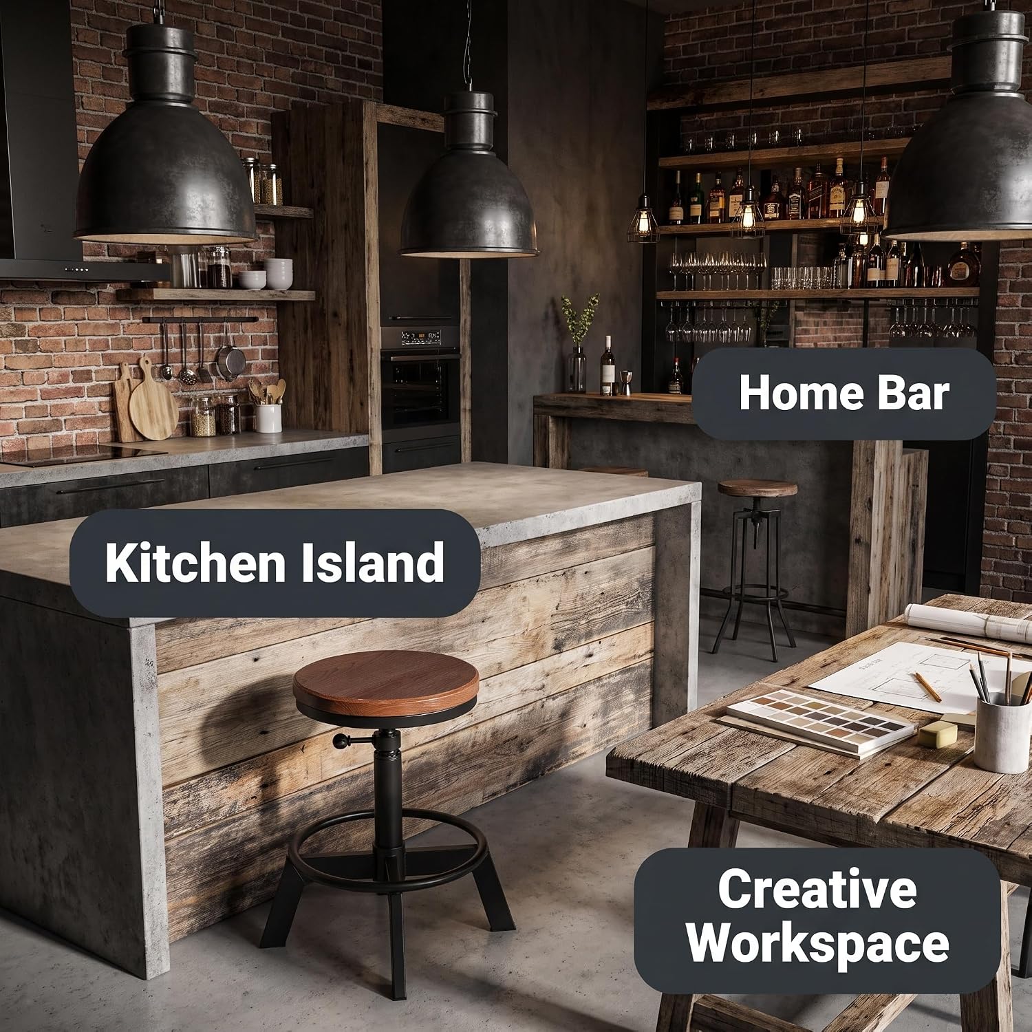 Set of 2 Industrial Bar Stools Short Stool Swivel Wooden Seat Kitchen Island Chairs Counter Height Adjustable 15.2-21inch