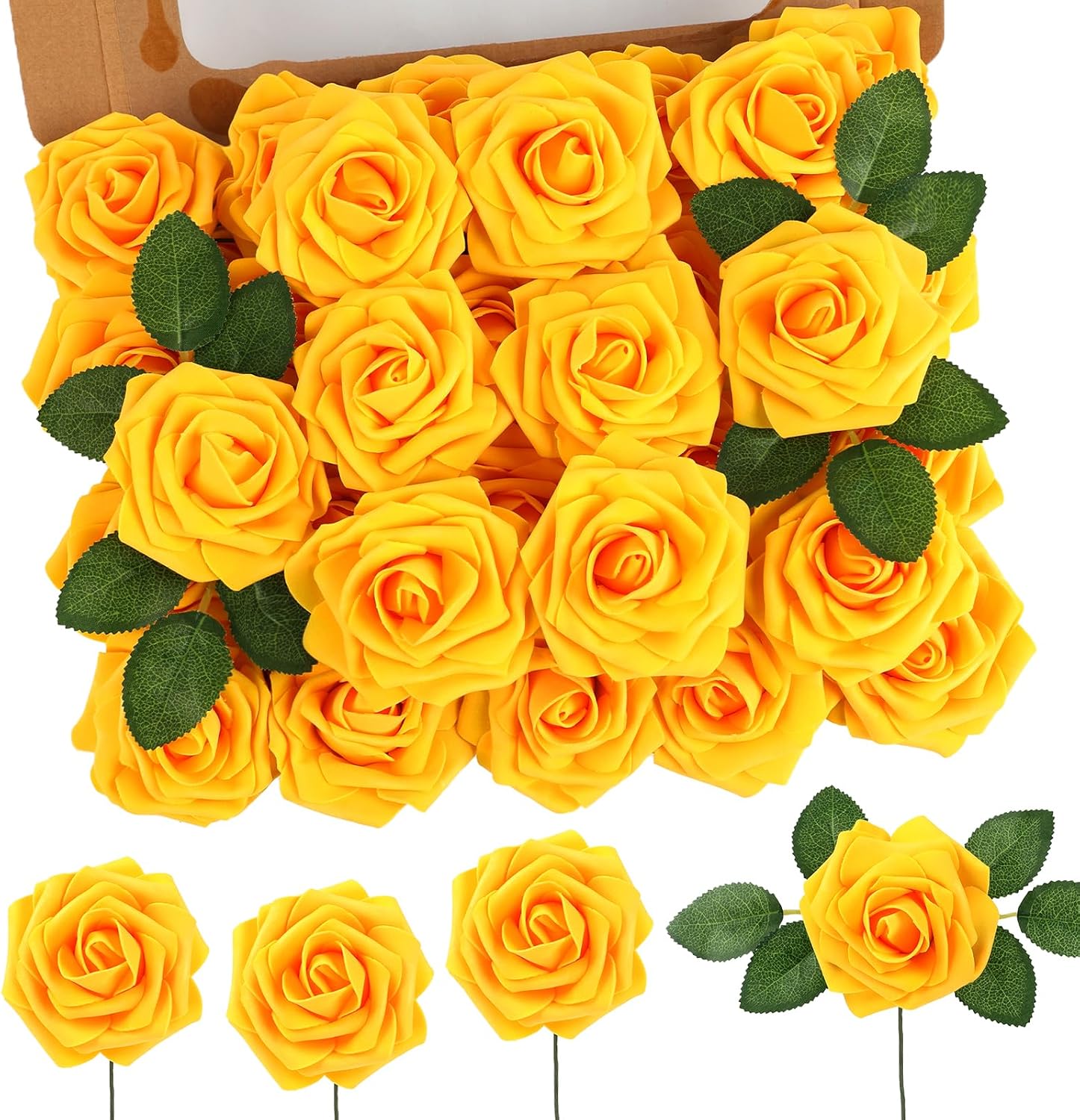 30PCS Yellow Artificial Flowers, Real Touch Fake Roses for Fall Decorations
