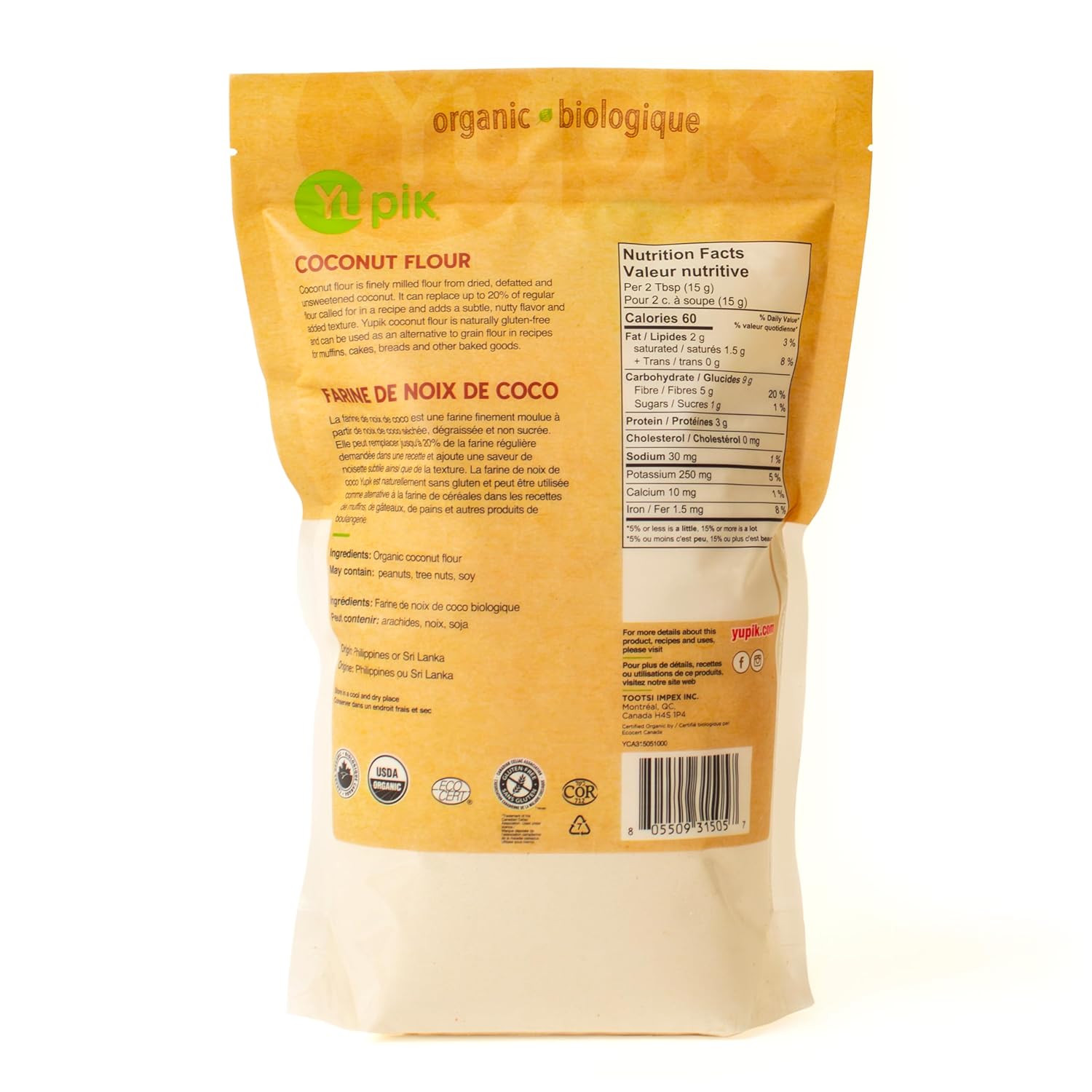 Yupik Organic Coconut Flour 2.2 lb (35.2 oz), USDA Certified, Gluten-Free, GMO-Free, Raw, Vegan, Low-Calorie, Finely Milled, Wheat Alternative & Grain Meal, Ideal for Baking & Cooking