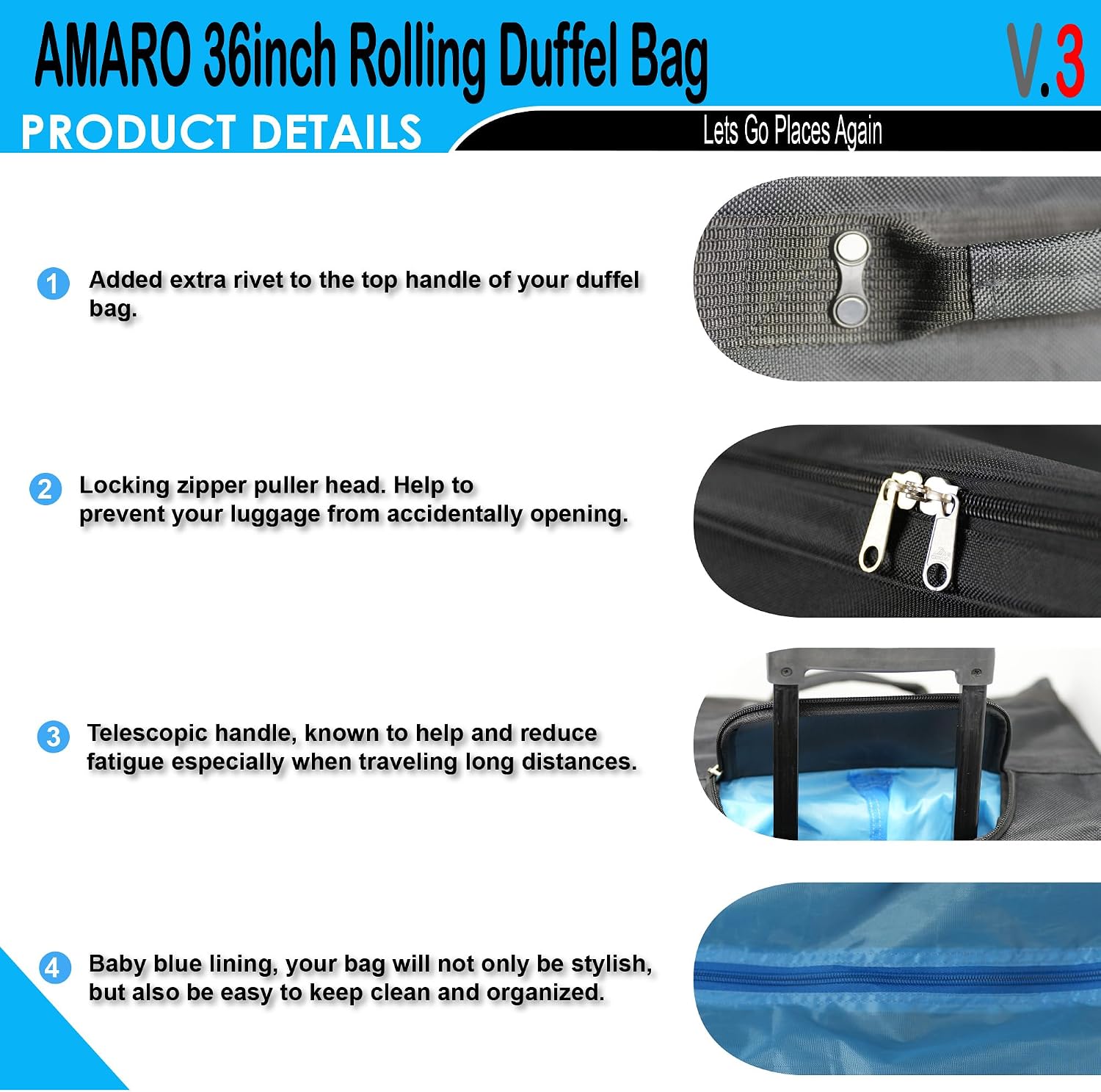 AMARO 36 Inch Rolling Duffle Bag with Wheels, Extra Large Heavy Duty Travel Duffel Luggage with Telescopic Handle, Multiple Pockets, Collapsible Storage, Black/Grey