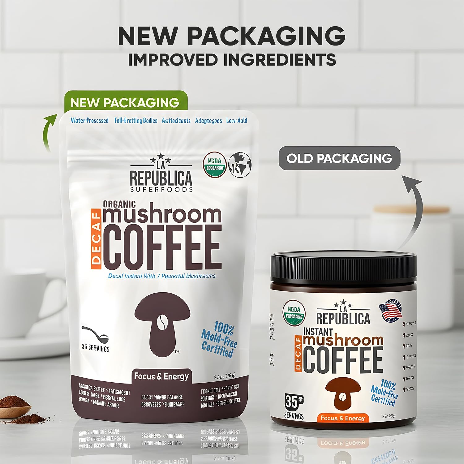La Republica DECAF Organic Mushroom Coffee (35 Servings) with 7 Superfood Shrooms, Great Tasting Instant Mix Includes Lion's Mane, Reishi, Chaga, Cordyceps, Shiitake, Maitake, and Turkey Tail (Decaffeinated)