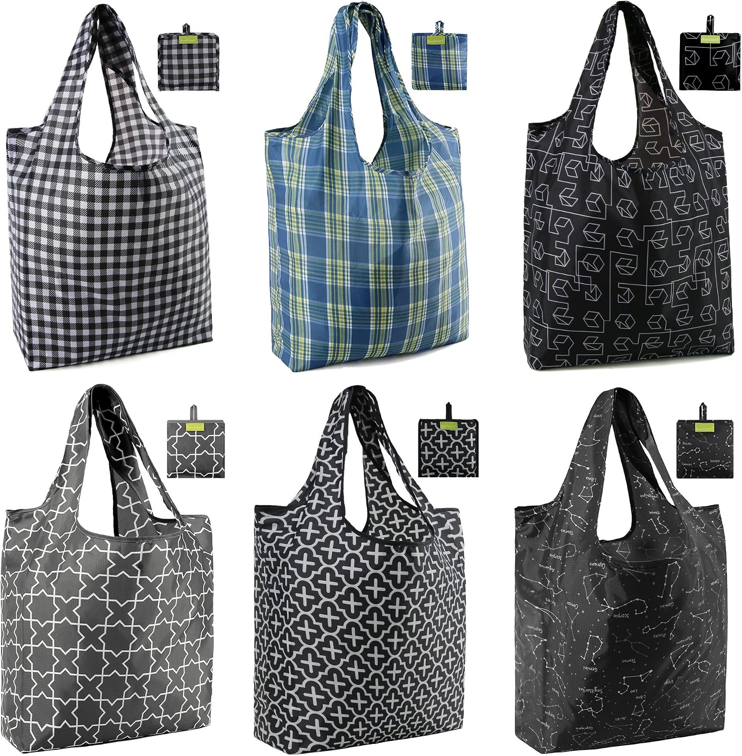 BeeGreen Grocery Bags | Reusable Gift Bags, Large Tote for Women & Foldable Beach Bag - 6 Pack Reusable Bag With Handles | Collapsible Cute Cloth Storage for Market, Holiday & Shopping | Washable​