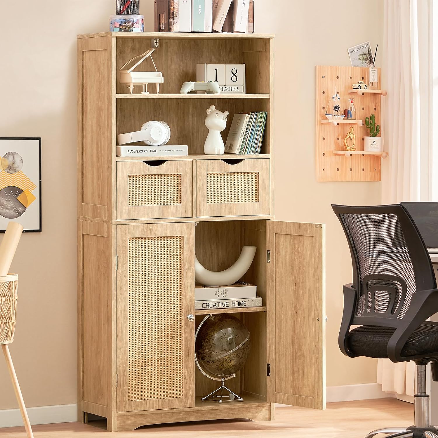 Iwell Storage Cabinet with 2 Drawers & Adjustable Shelves, Cupboard, Floor Cabinet for Living Room, Home Office, Rustic Brown