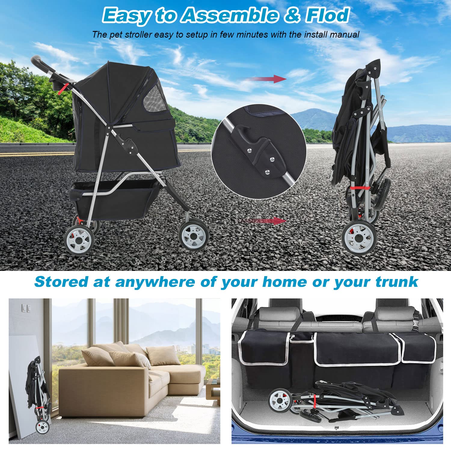 BestPet | 4-Wheel Foldable Pet Stroller | Black | Lightweight & Portable | Travel Carrier with Mesh Windows, Storage Basket, Cup Holder, Safety Brakes, and Waterproof Fabric | For Small Dogs and Cats