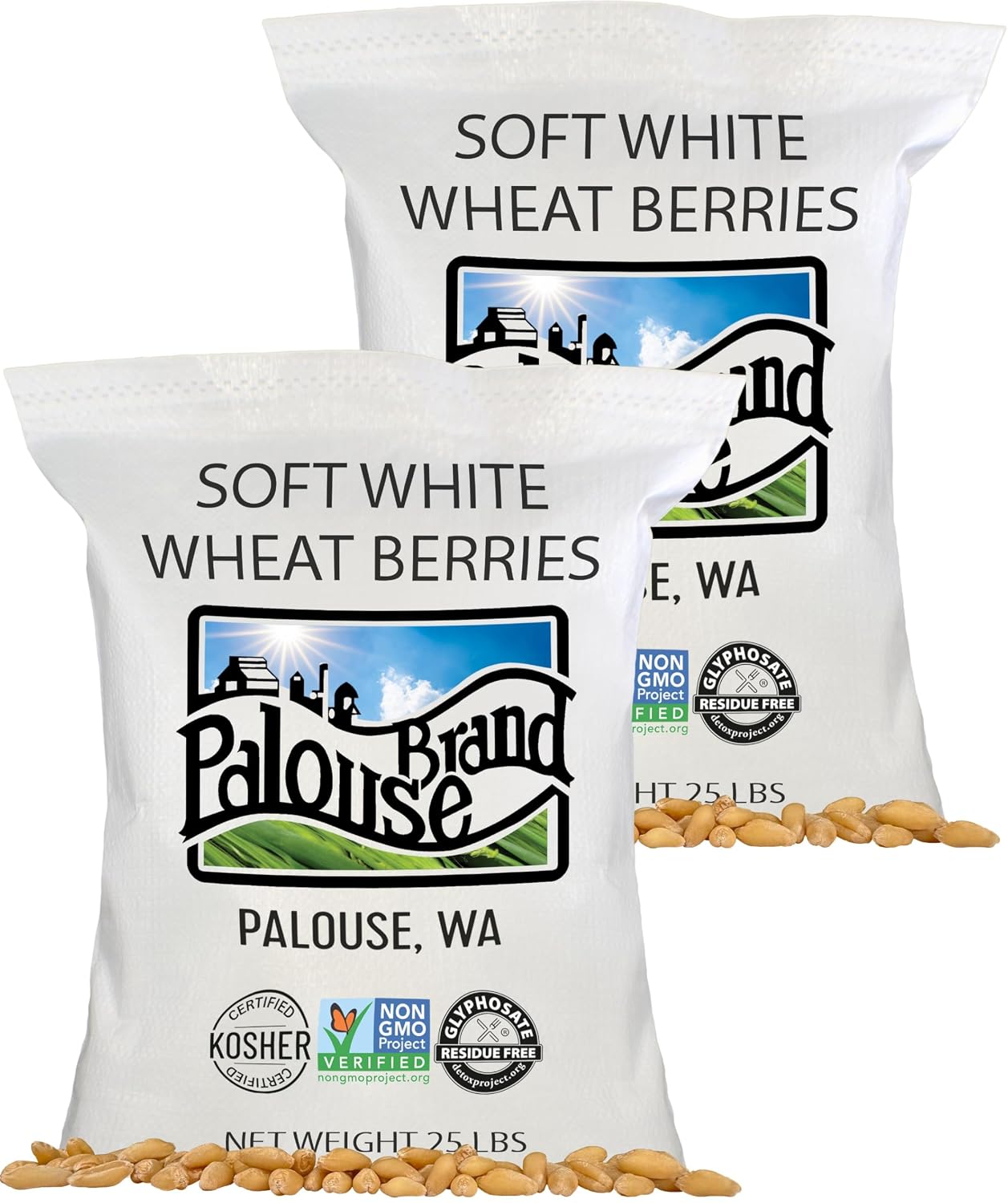 Palouse Brand Certified Glyphosate Residue Free Soft White Wheat Berries | 25 LBS Bulk | Family Farmed in Washington State | Sproutable | Non-GMO Project Verified | Kosher