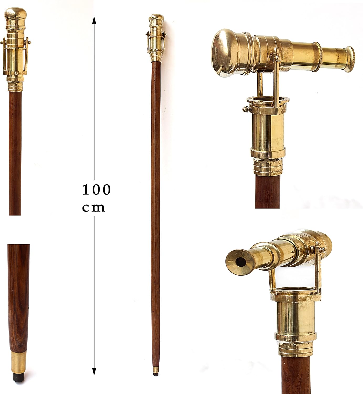 Victorian Walking Cane with Telescope Brass Handle Foldable Nautical Wooden Walking Stick Ideal Unisex