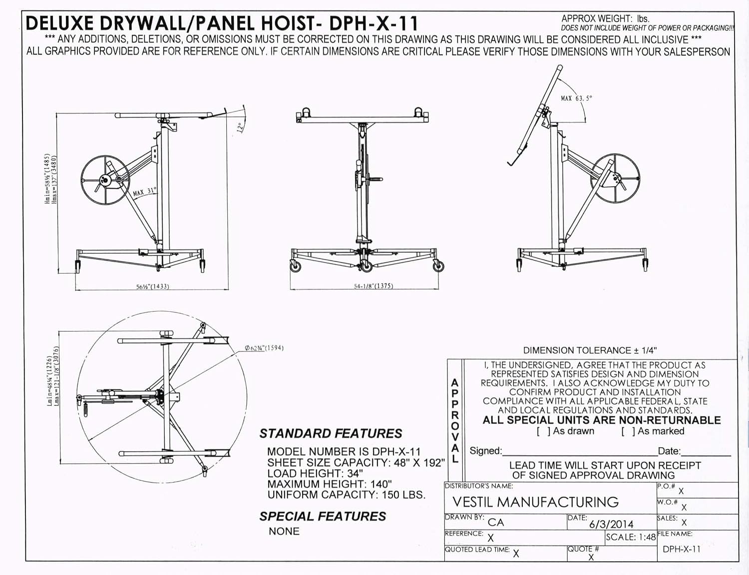 Vestil DPH-X-11 Steel Deluxe Drywall and Panel Hoist 49 in. x 121 in. x 137 in. 150 Lb. Capacity Red