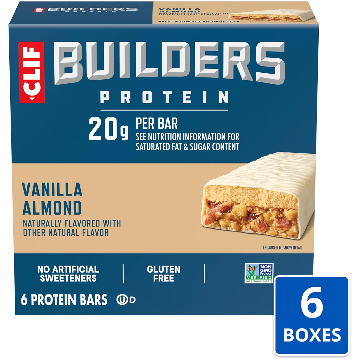 CLIF BUILDERS Protein Bars - Vanilla Almond Flavor - 20g Plant Based Protein - Gluten Free - Non-GMO - Low Glycemic - No Artificial Sweeteners - 2.4