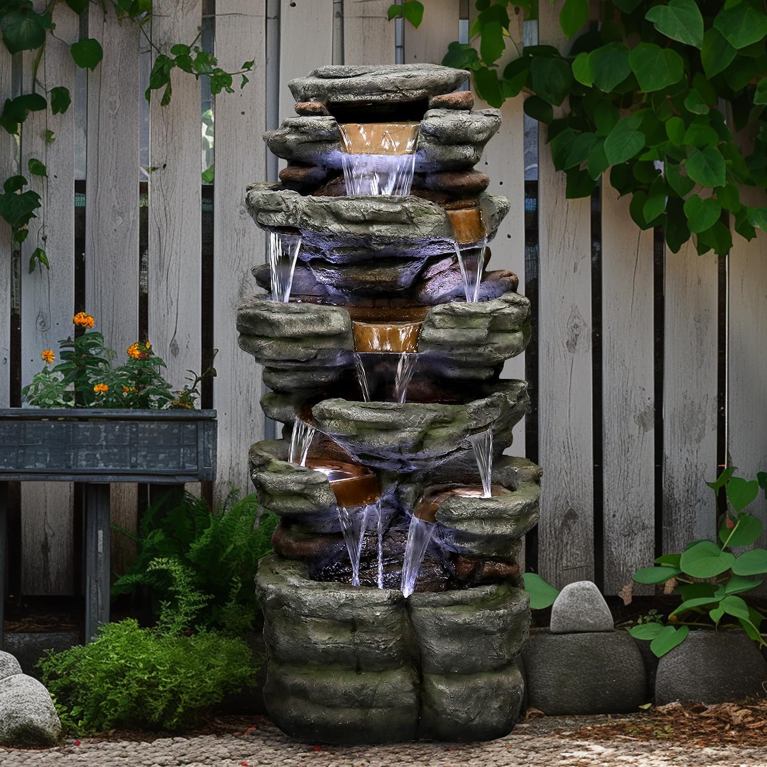 SunJet 40.5” High Rocks Outdoor Water Fountain - 6-Tiers Cascading Waterfall with LED Lights, Soothing Tranquility for Home Garden, Yard Decor