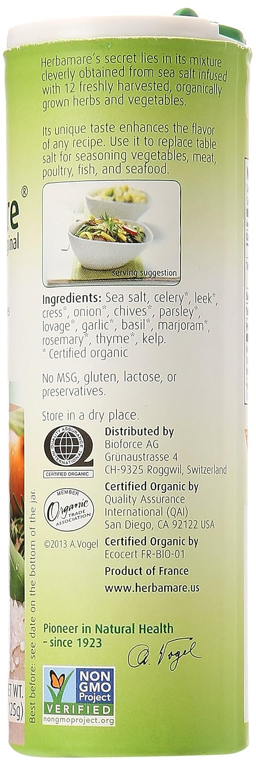 A. Vogel Herbamare Organic Seasoning Salt 8.8Oz. 6 Per Case | 33% Less Sodium - Infused with 12 Herbs & Vegetables - No Artificial Flavors or Preservatives - Keto & Paleo Friendly