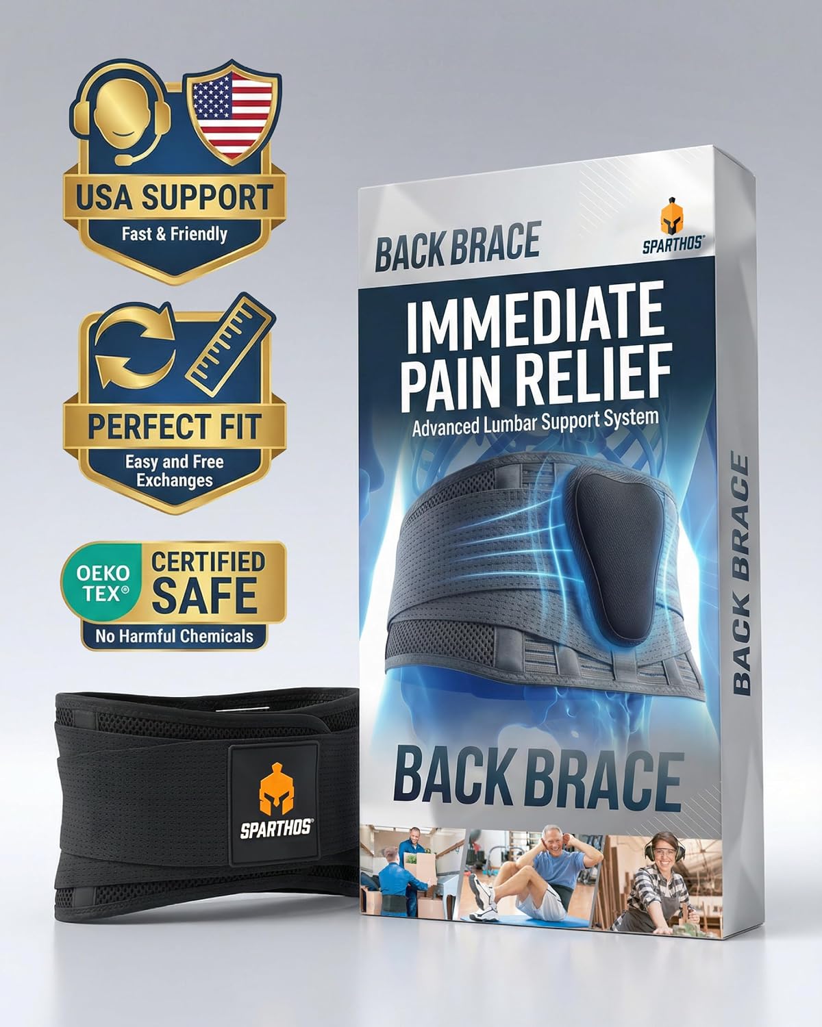 Sparthos Back Brace for Women & Men, Sciatica, Lower Back Pain - Black-L | Herniated Disc & Scoliosis Pain Relief, Adjustable Back Support Belt, Lumbar Pad, Breathable Mesh for Work & Heavy Lifting