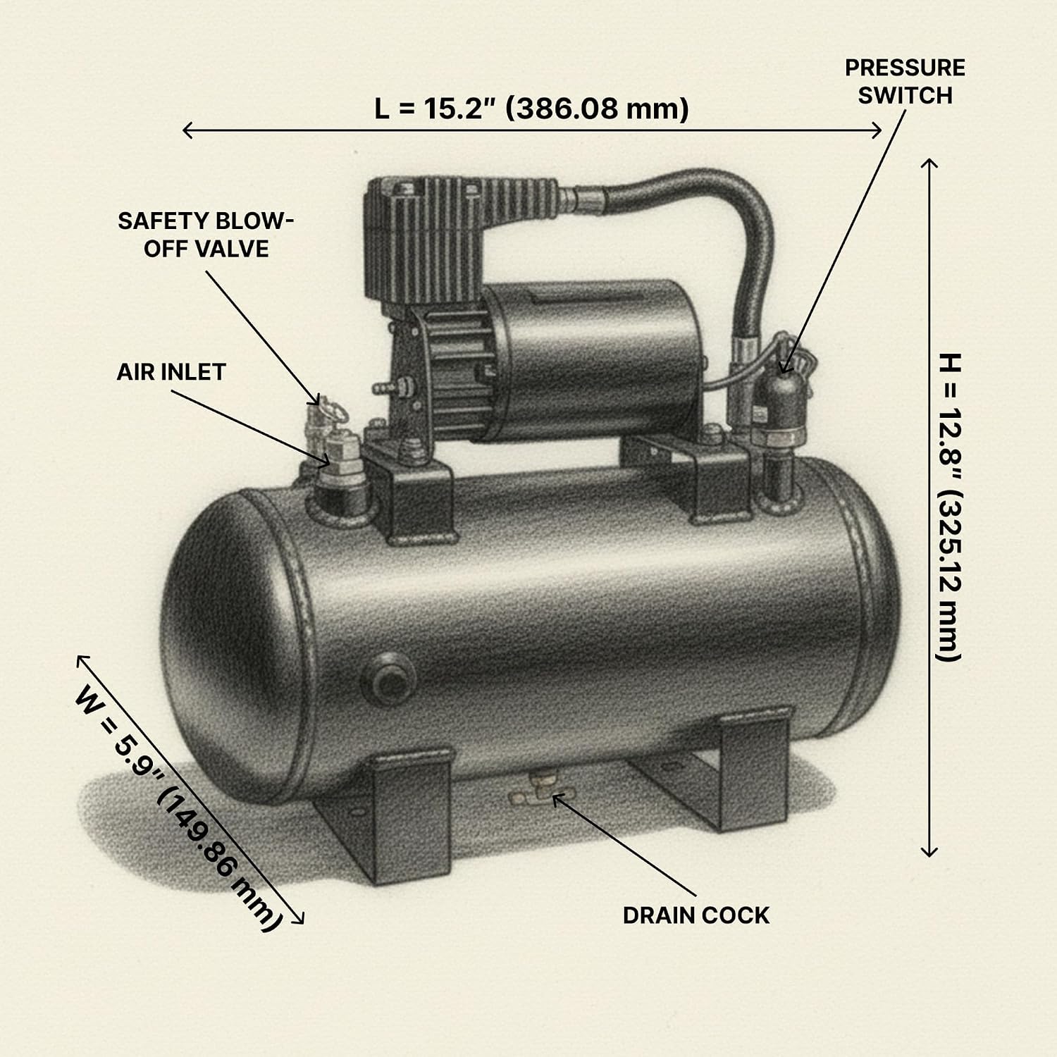 HornBlasters Conductor’s Special 127H Train Horn Kit – Shocker XL Train Horns with Compact 1.5 Gallon Air System – 120 PSI 12V Complete Horn