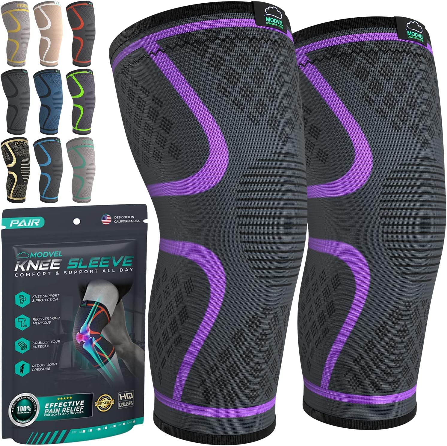 Modvel Compression Knee Brace for Women & Men - 2 Pack Knee Brace for Women Running Knee Pain, Knee Support Compression Sleeve