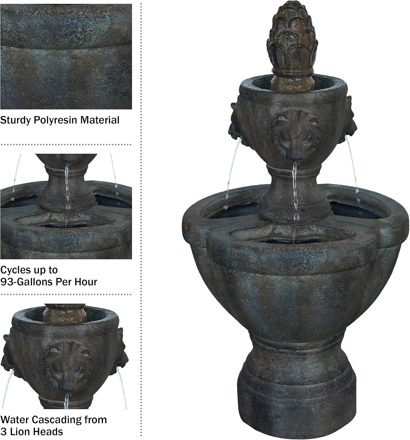 Outdoor Fountain – Polyresin 2-Tier Water Feature with Lion Head Details and Realistic Stone Appearance – Yard Art with Soothing Sound by Pure