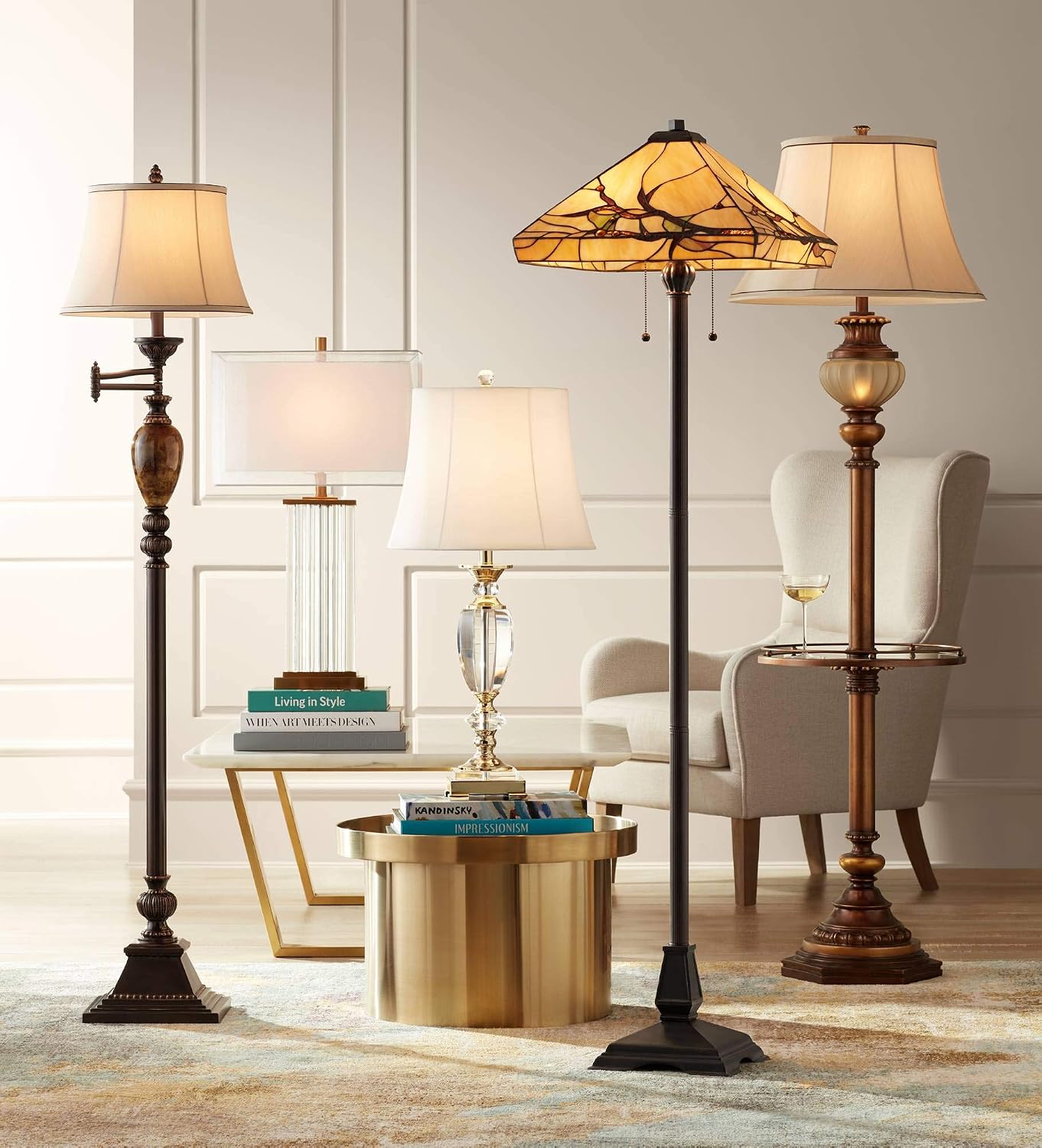Kathy Ireland 65" Tall Night Light Glass Tray Table Floor Lamp Living Room | Hyde Park Rustic Vintage with Nightlight Bronze Gold Metal Pearl White