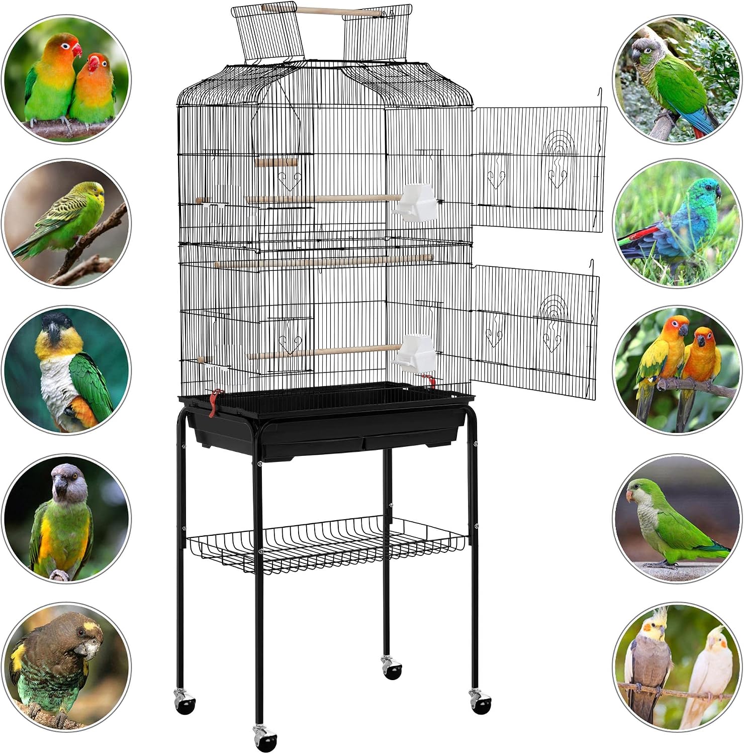 Yaheetech 64'' Open Top Bird Cage for Parakeets & Cockatiels, Black | Detachable Rolling Stand, Easy-clean Slide Tray, Multi-door Access, 3/8" Bar Spacing, Indoor/Outdoor Use