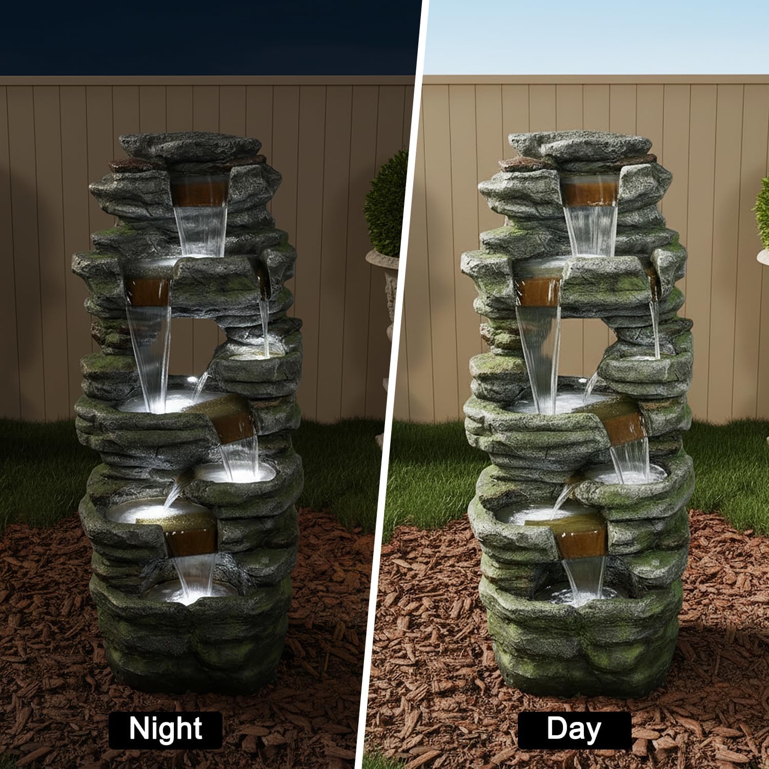 SunJet 40.5” High Rocks Outdoor Water Fountain - 6-Tiers Cascading Waterfall with LED Lights, Soothing Tranquility for Home Garden, Yard Decor