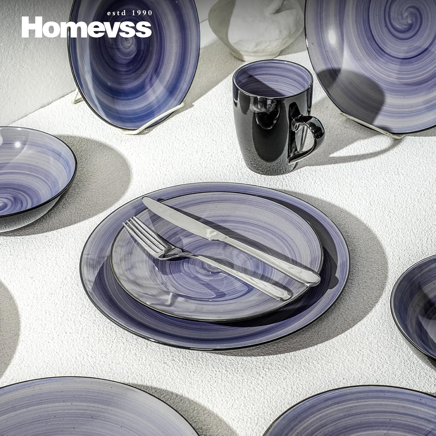 HomeVss, Sonoma Stoneware Dinnerware Set, Outside Black + Inside Hand Painting Color (16pc Set, Grey)