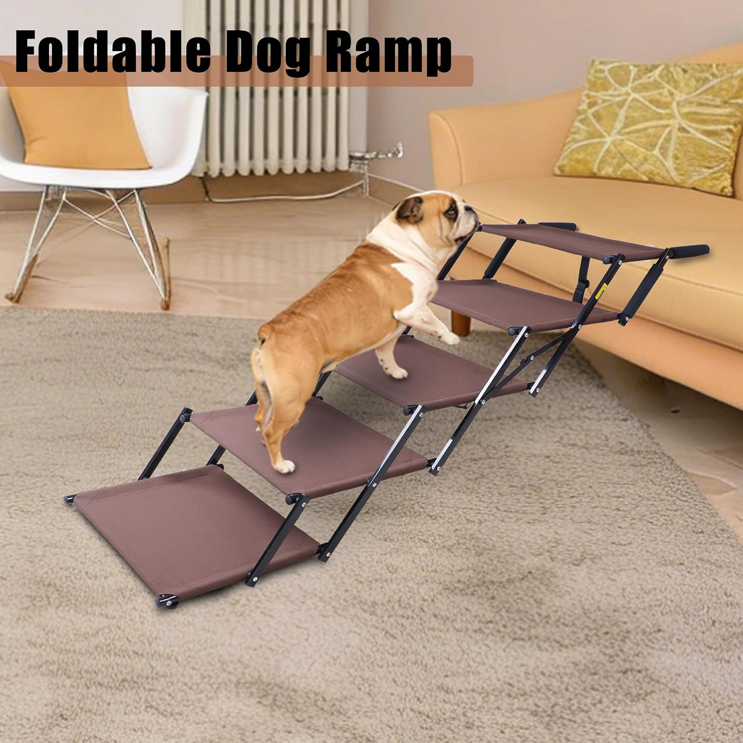 Dog Stairs for Car, 5 Steps Extra Wide Dog Ramps for Large Dogs, Foldable Lightweight Pet Steps for High SUV Truck Bed Couch