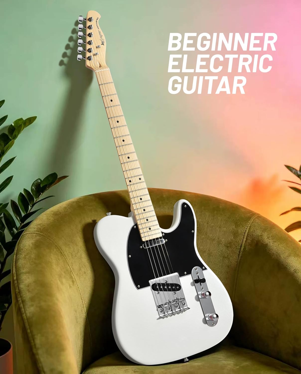 Leo Jaymz Beginner Electric Guitar Complete Kit with Portable Amp, Padded Gig Bag & Full Accessories, Maple Neck (TL-White)