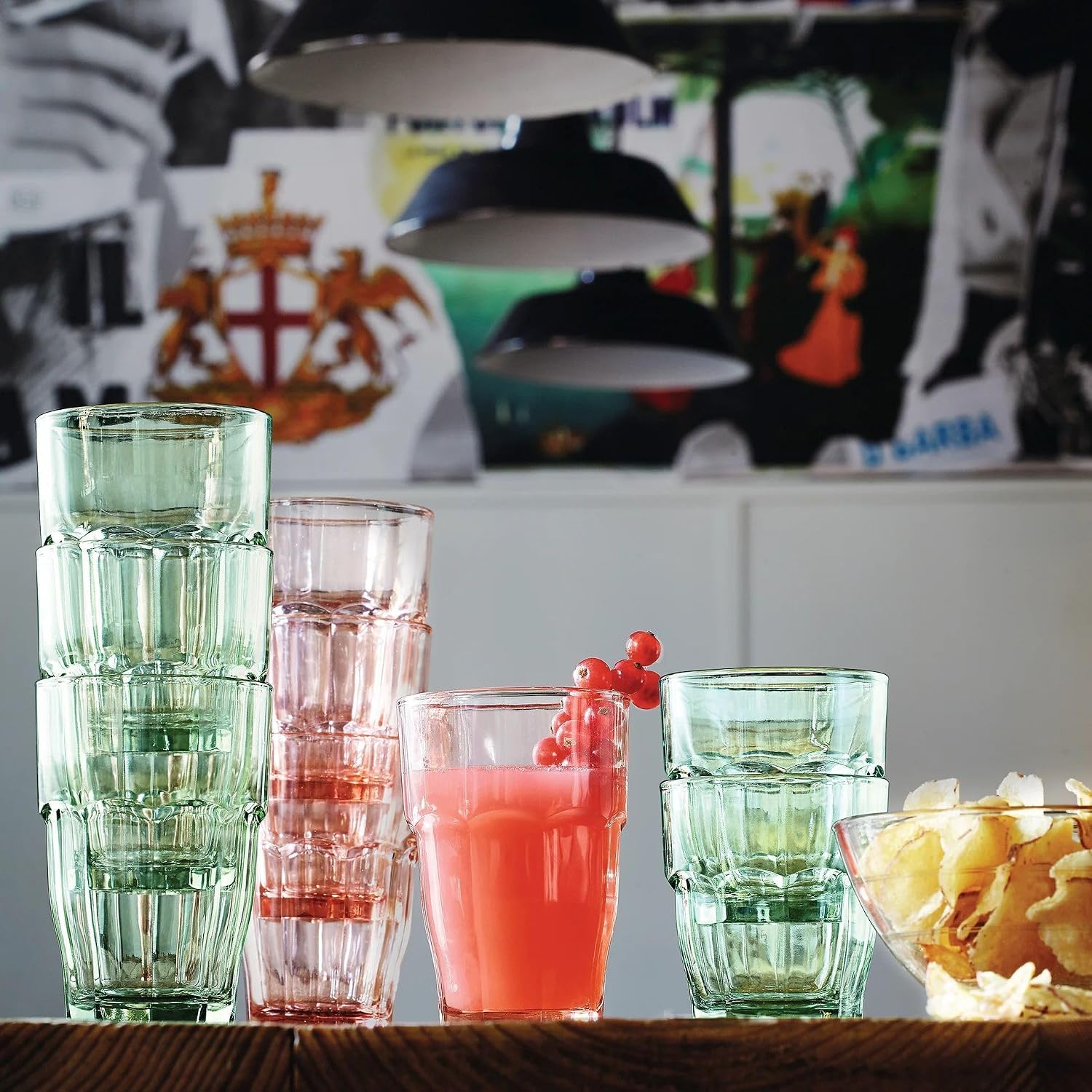 Bormioli Rocco Rock Bar 12.5 oz. Long Drink Stackable Tempered Beverage Glasses for Cold Drinks, Water, and Cocktails, Set of 6, Ice Blue