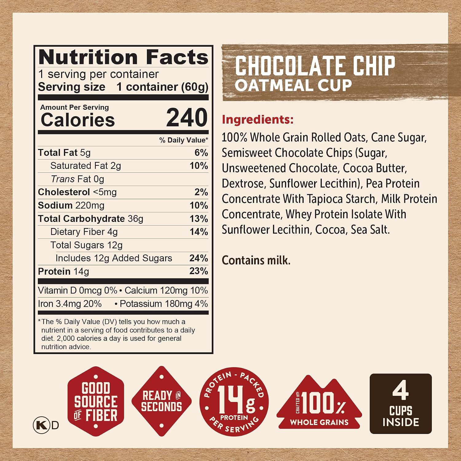 Kodiak Cakes Instant Protein Maple & Brown Sugar Oatmeal in a Cup, 2.12oz (Pack of 12)