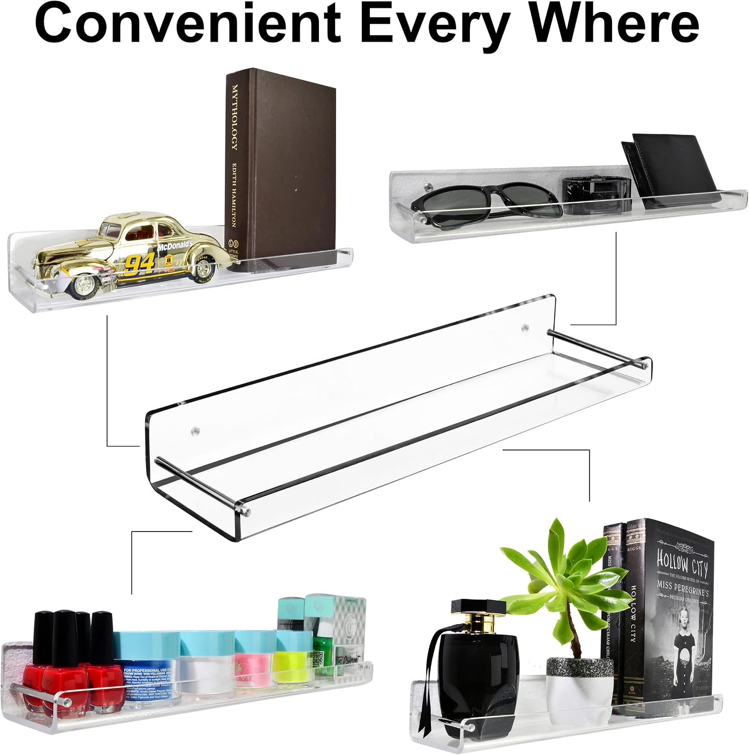 AMT 2 Pack Acrylic Floating Shelves, 15" L x 4" W, Clear Bathroom Wall, Bookshelves, Invisible Display for Office, Bedroom