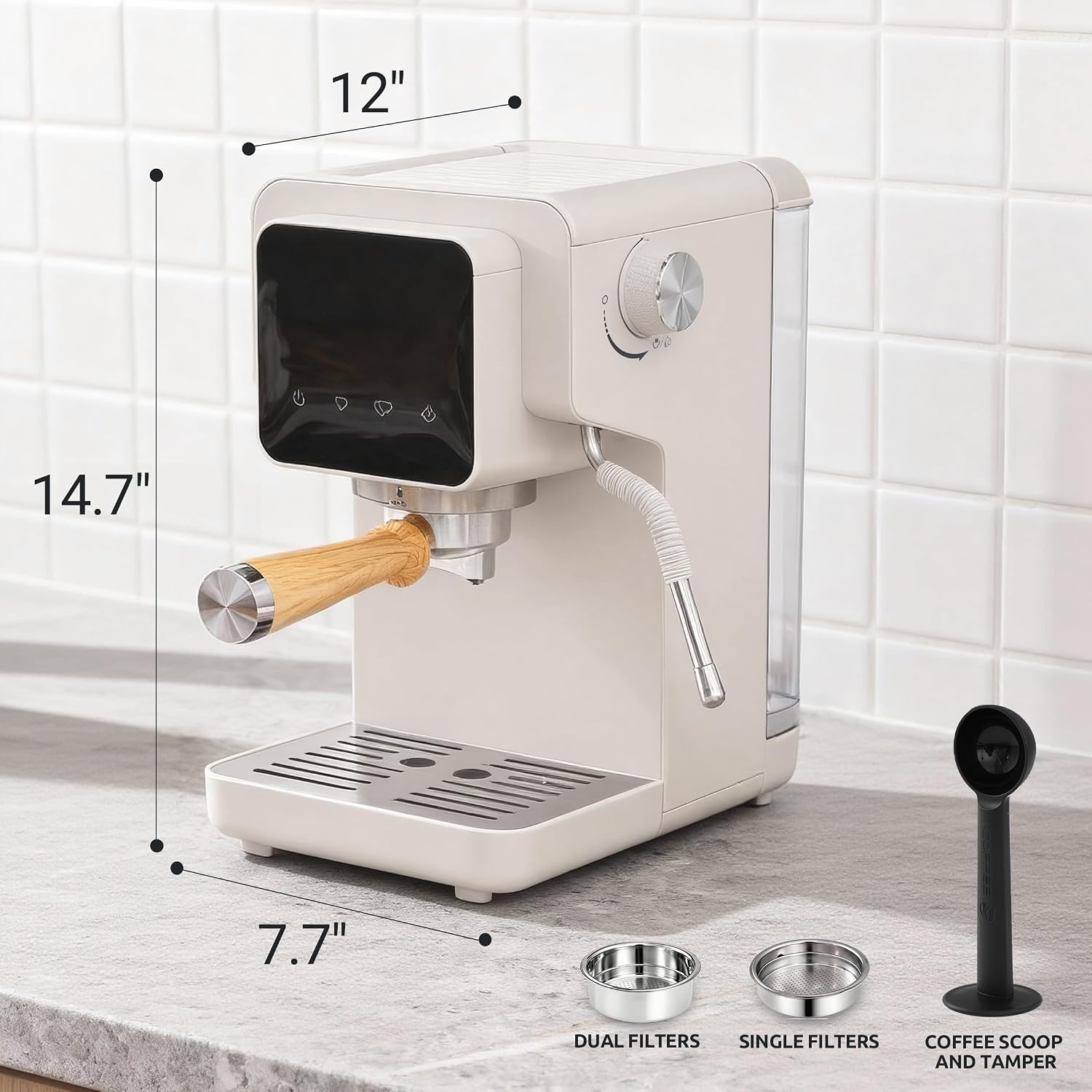 Touchscreen Espresso Machine with Steam Wand, 40.6oz Water Tank | Milk Frother for Cappuccino, Latte, Compact Design, Quick Thermoblock Heating System