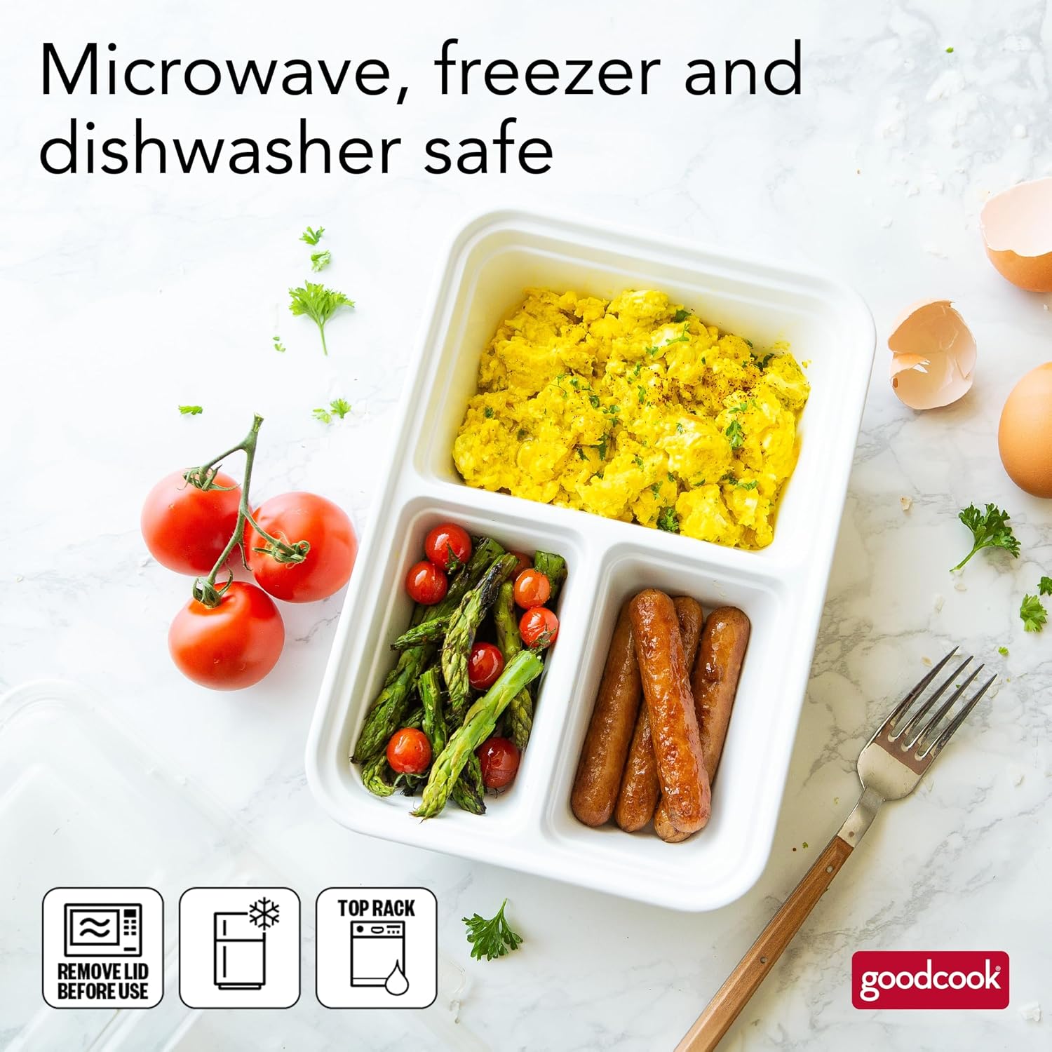 GoodCook Food Storage Containers for Meal Prep Rectangle Three Compartments & Made without BPA, 20-Piece, White