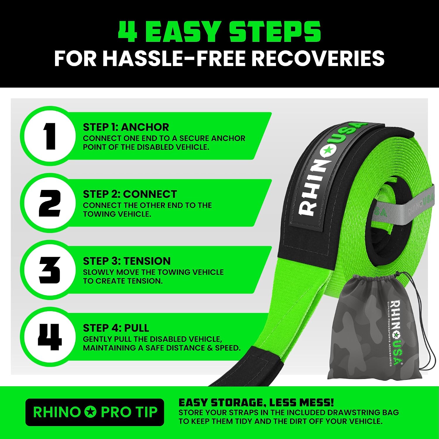 Rhino USA Recovery Tow Strap (3in x 30ft) - 31,518lb Heavy Duty Towing | 31,518lb Break Strength Emergency Tow Strap, Extended 30ft Length. For Truck, UTV, ATV & Jeep Offroad Recovery. Black