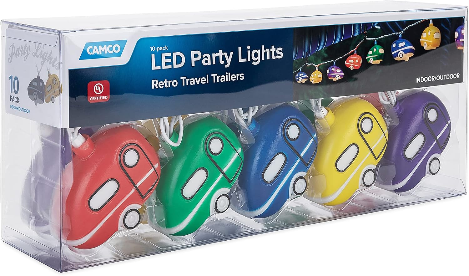 Camco Retro Travel Trailer Party Lights - Features an 8' Strand with (10) Travel Trailer Lights - Camping String Lights - Perfect for RV Awnings and