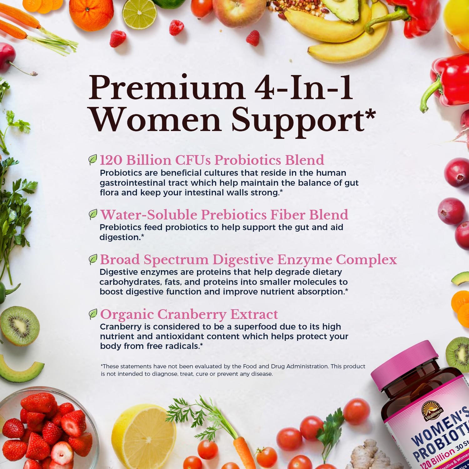 Vitalitown Probiotics for Women 120 Billion CFUs, 30 Strains, with Prebiotics & Digestive Enzymes & Cranberry, Gut & Vaginal Health