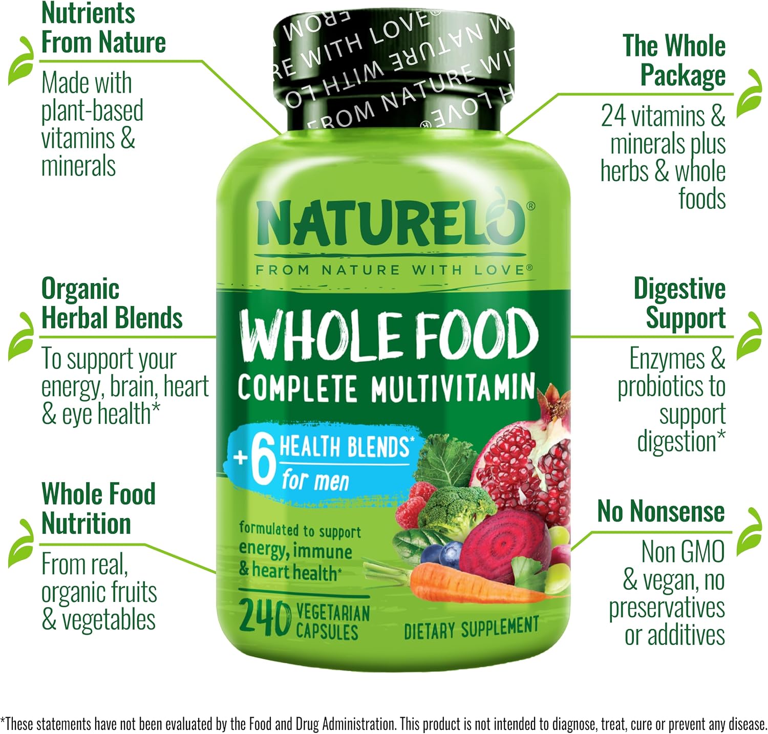 NATURELO Men's Multivitamins - Whole Food Multivitamin for Men, 120 Caps | Vitamins, minerals, vegetarian capsules, energy, brain, heart, eye health*