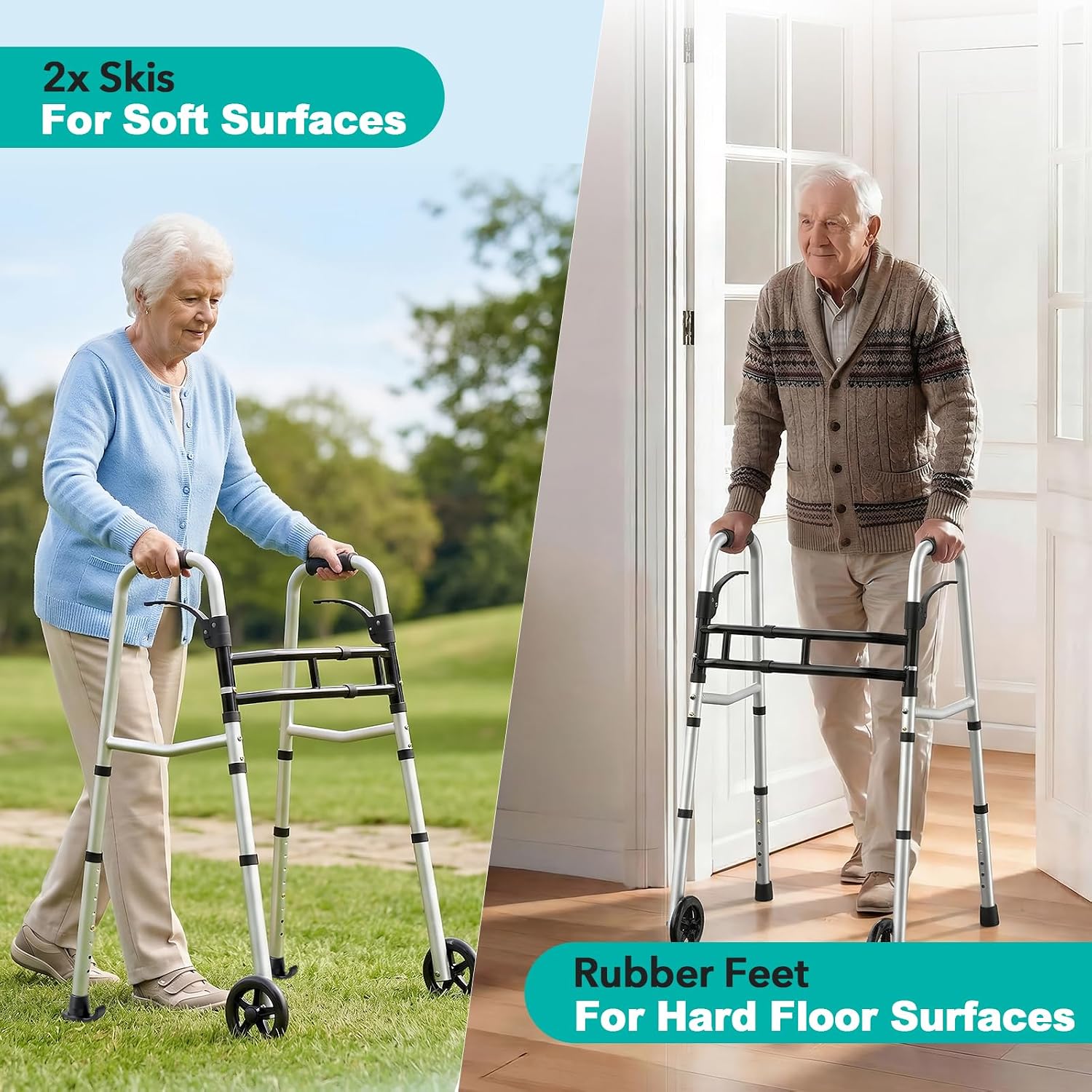 HOMENURSE Folding Walkers for Seniors with Skis, Width & Height Adjustable | Narrow Walker with 5" Wheels for Small Spaces, Aluminum Lightweight Standard Rolling Walker, Supports Up to 300lbs, Silver