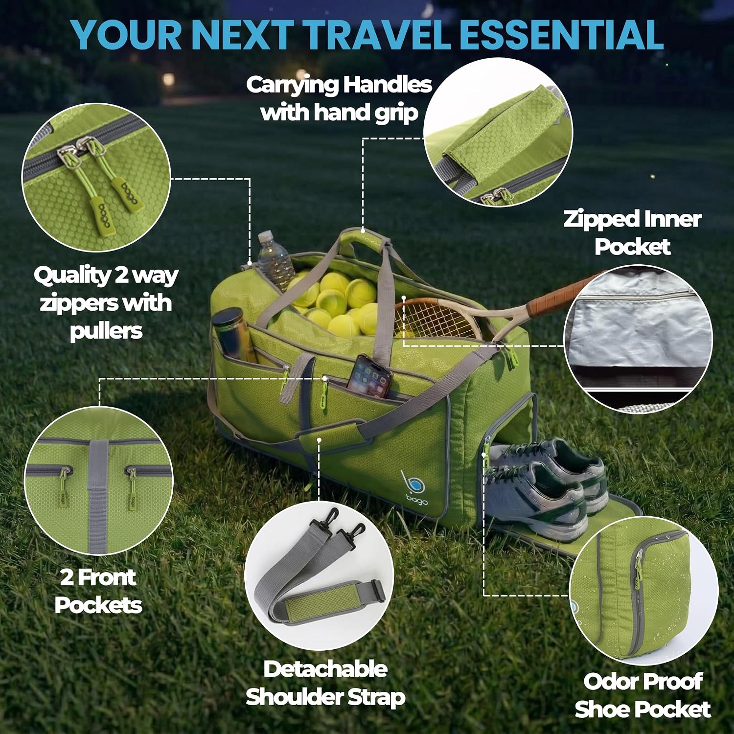 Bago Large Duffle Bag for Travel Women & Men. Durable Lightweight Foldable Travel Duffel Bags For Traveling Women. 80L Duffle Bags For Overnight Bag With Shoe Compartment Collapsible Weekender duffel