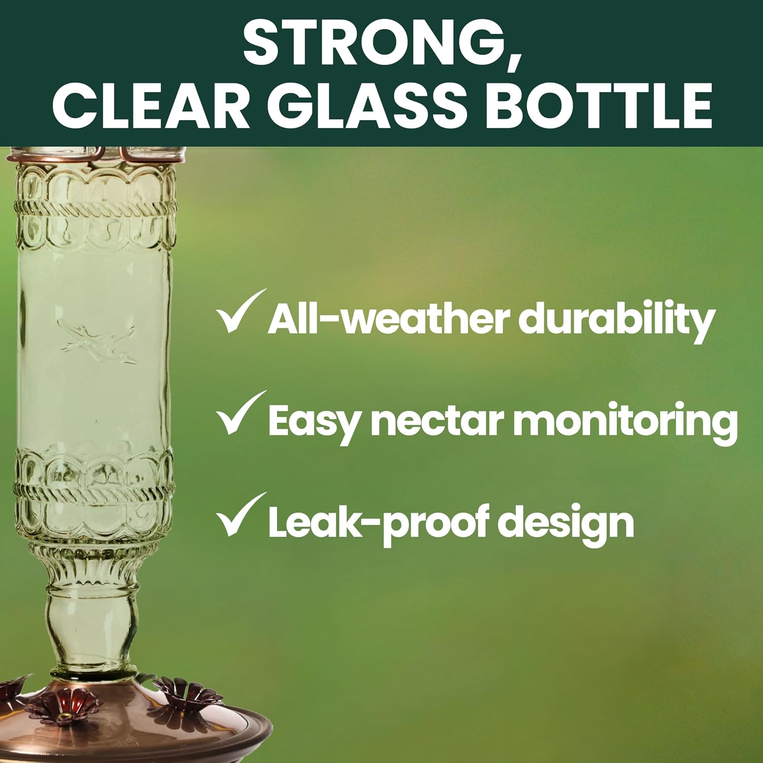 Perky-Pet Antique Glass Bottle Hummingbird Feeder, 10 oz Capacity, Green | 4 Feeding Ports for Outdoors Hanging Bird Feeders, Backyard Garden Décor
