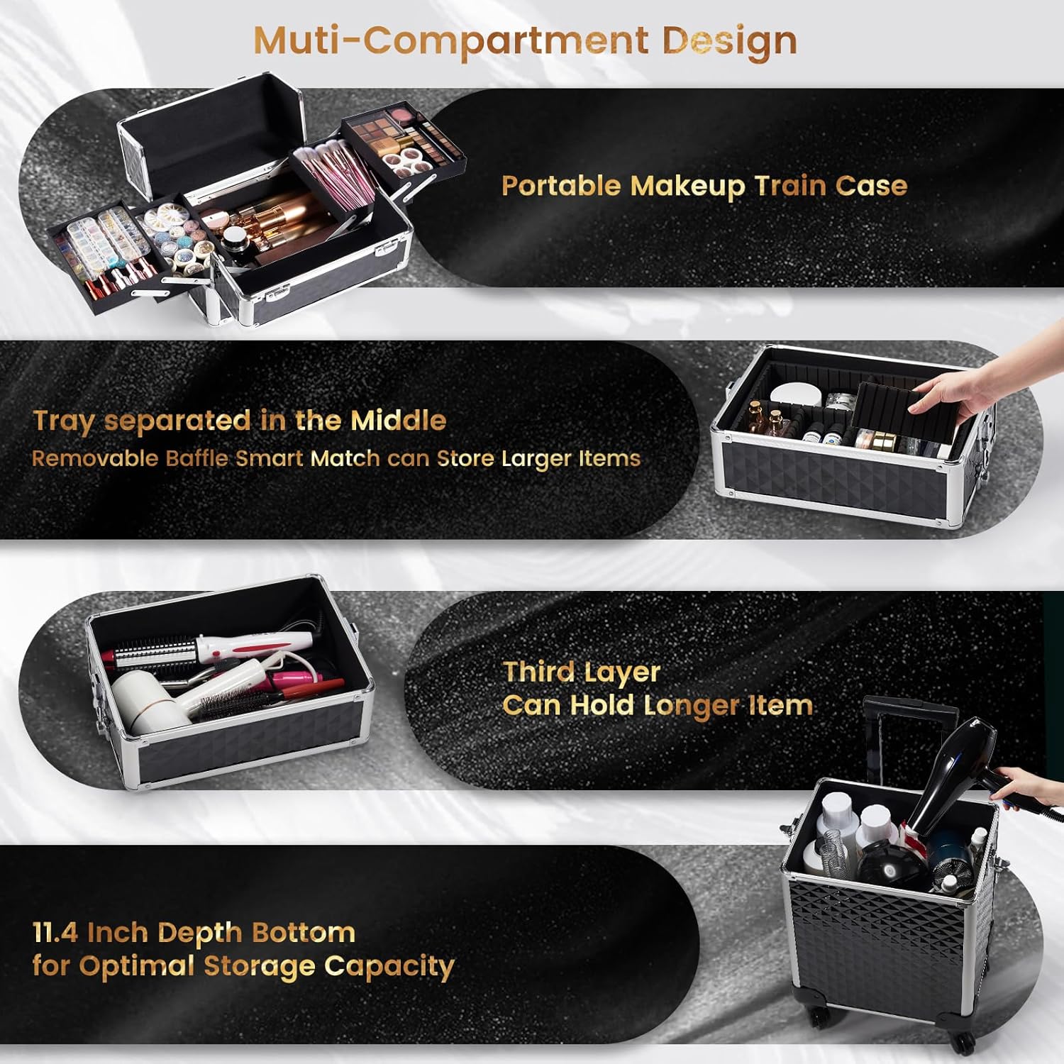 Stagiant Rolling Makeup Case Cosmetology Case on Wheels 4 in 1 Large Cosmetic Organizer Train Case Makeup Travel Case with Key Swivel Wheels Nail
