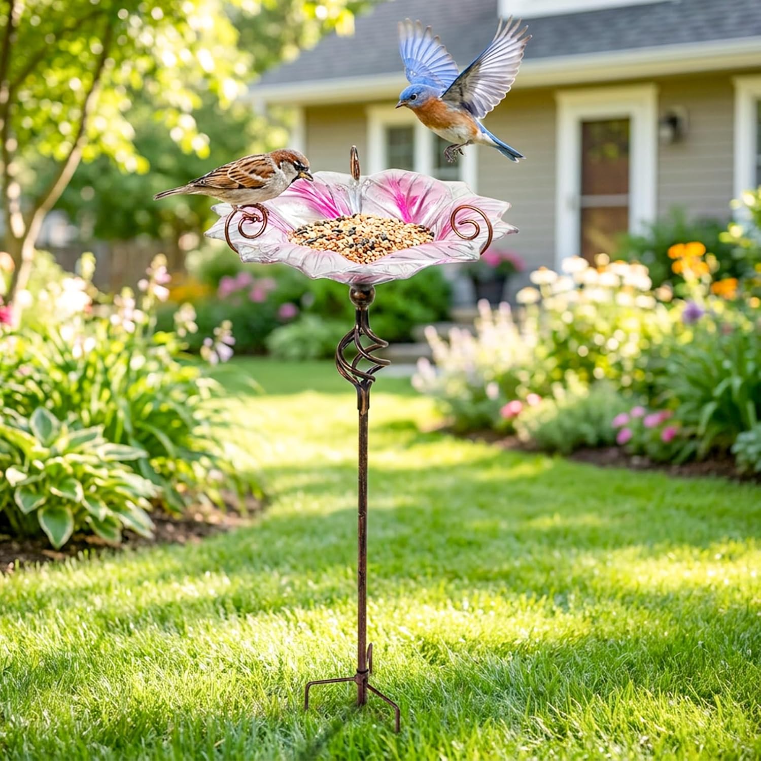 VCUTEKA Glass Bird Bath Outdoor Birdfeeder with Metal Stake Garden Decor