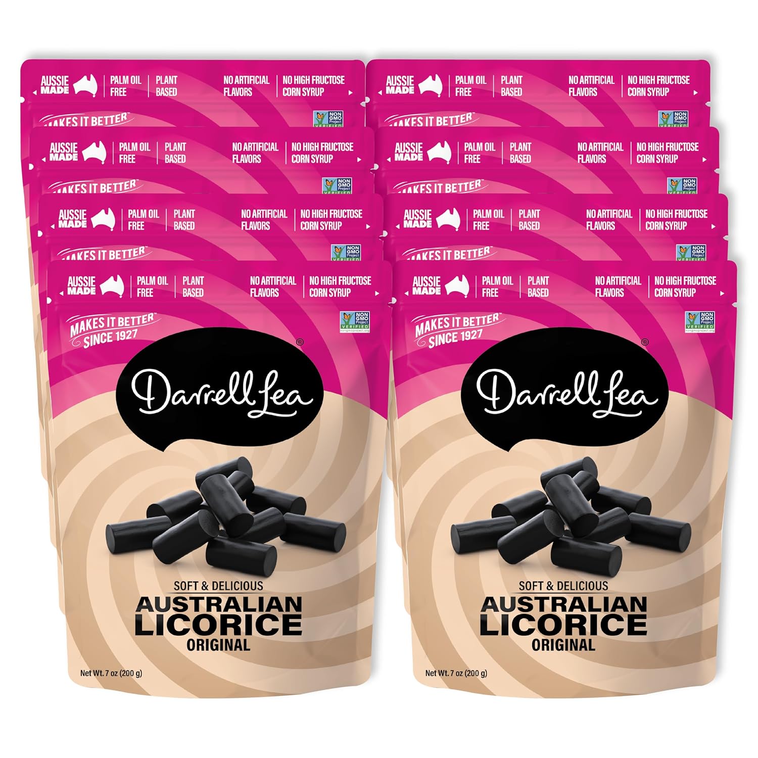 Darrell Lea Soft Australian Licorice, Non-GMO, No Palm Oil, Vegetarian Friendly, No High Fructose Corn Syrup, Soft & Chewy Licorice Candy, Made in Australia (Strawberry, 7 Ounce (Pack of 1))