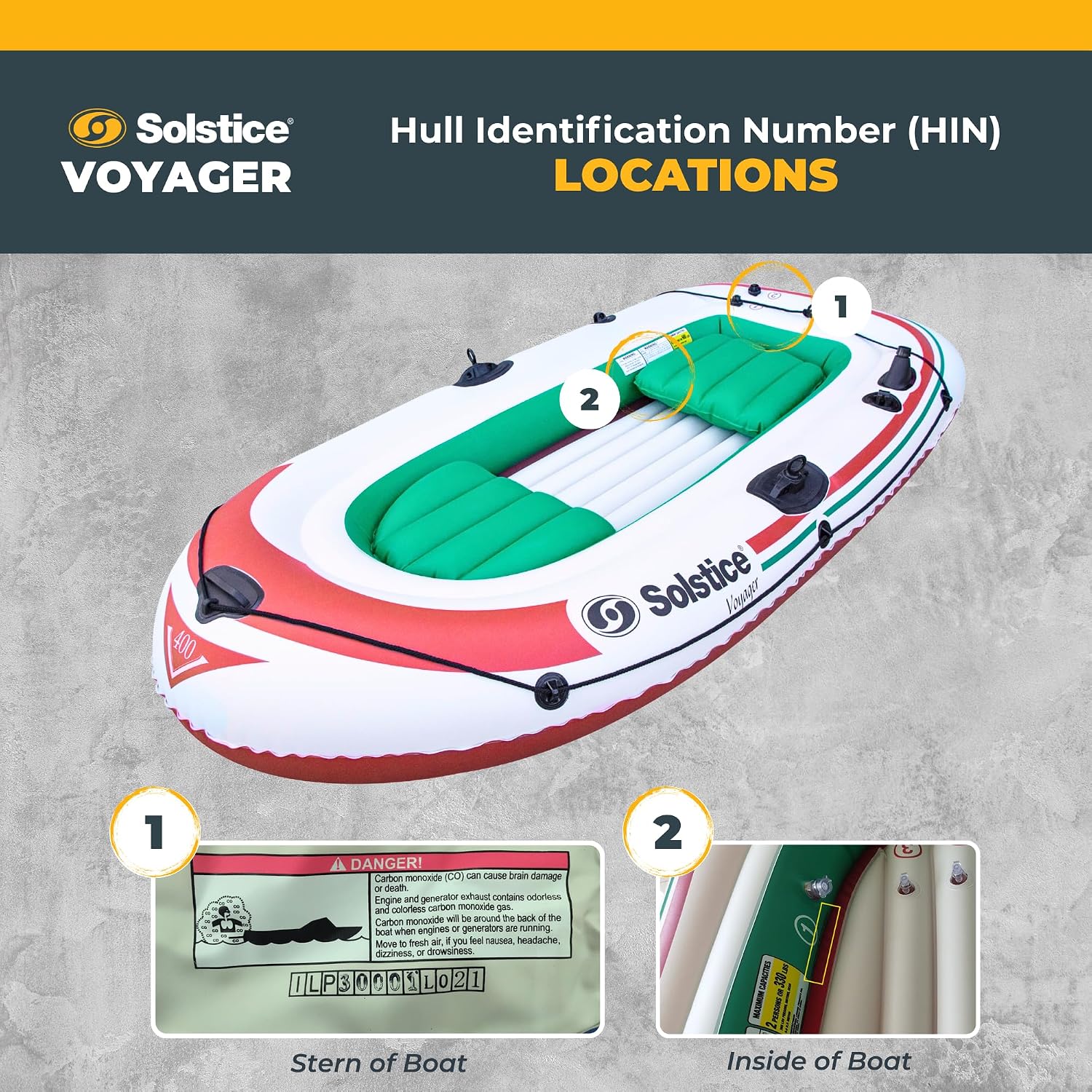 Solstice Voyager 4-Person Inflatable Fishing Boat with Dual Swivel Oar Locks and Rod -Holder, Motor Compatible 9' x 5'