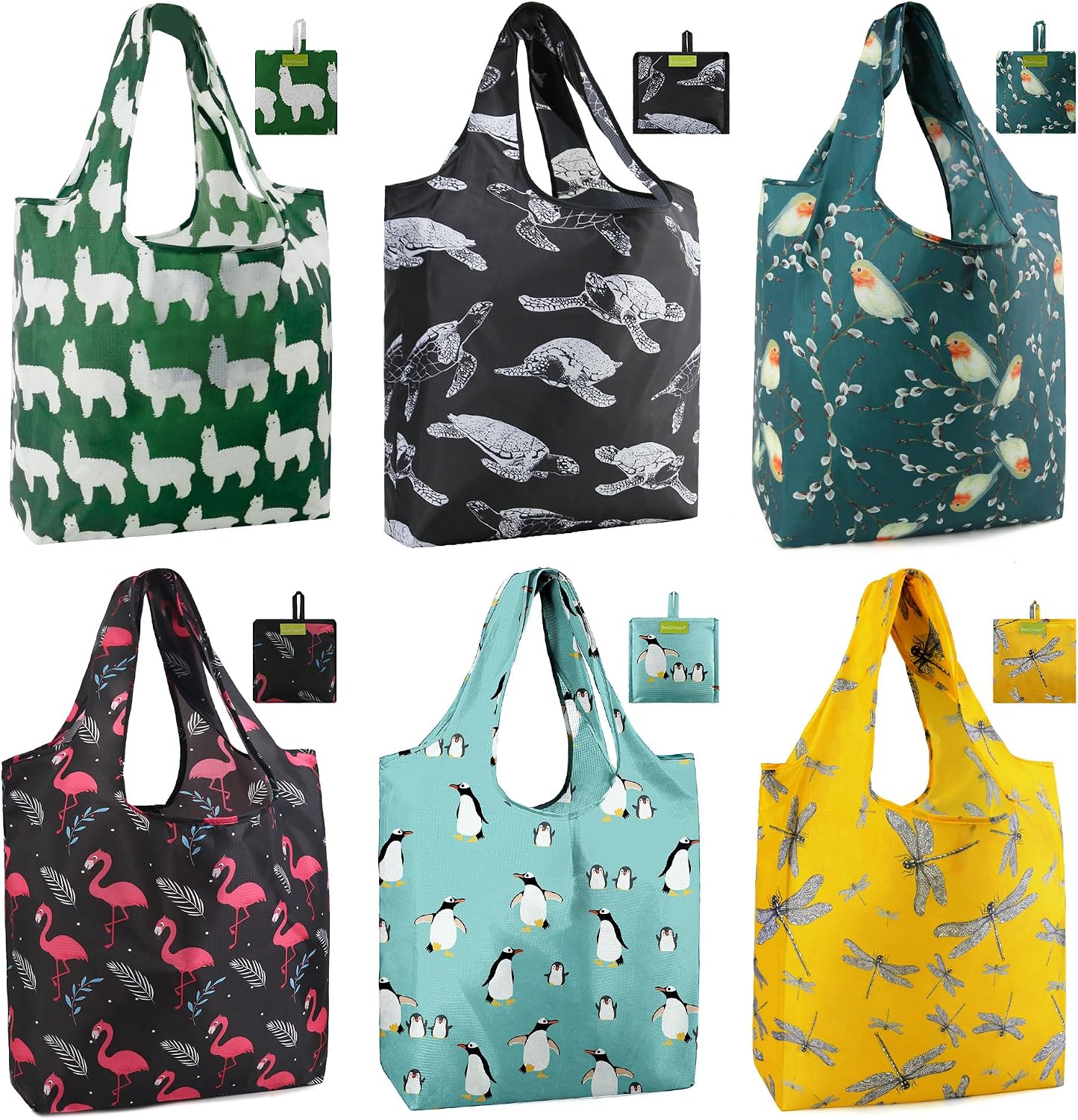 BeeGreen Grocery Bags | Reusable Gift Bags, Large Tote for Women & Foldable Beach Bag - 6 Pack Reusable Bag With Handles | Collapsible Cute Cloth Storage for Market, Holiday & Shopping | Washable​