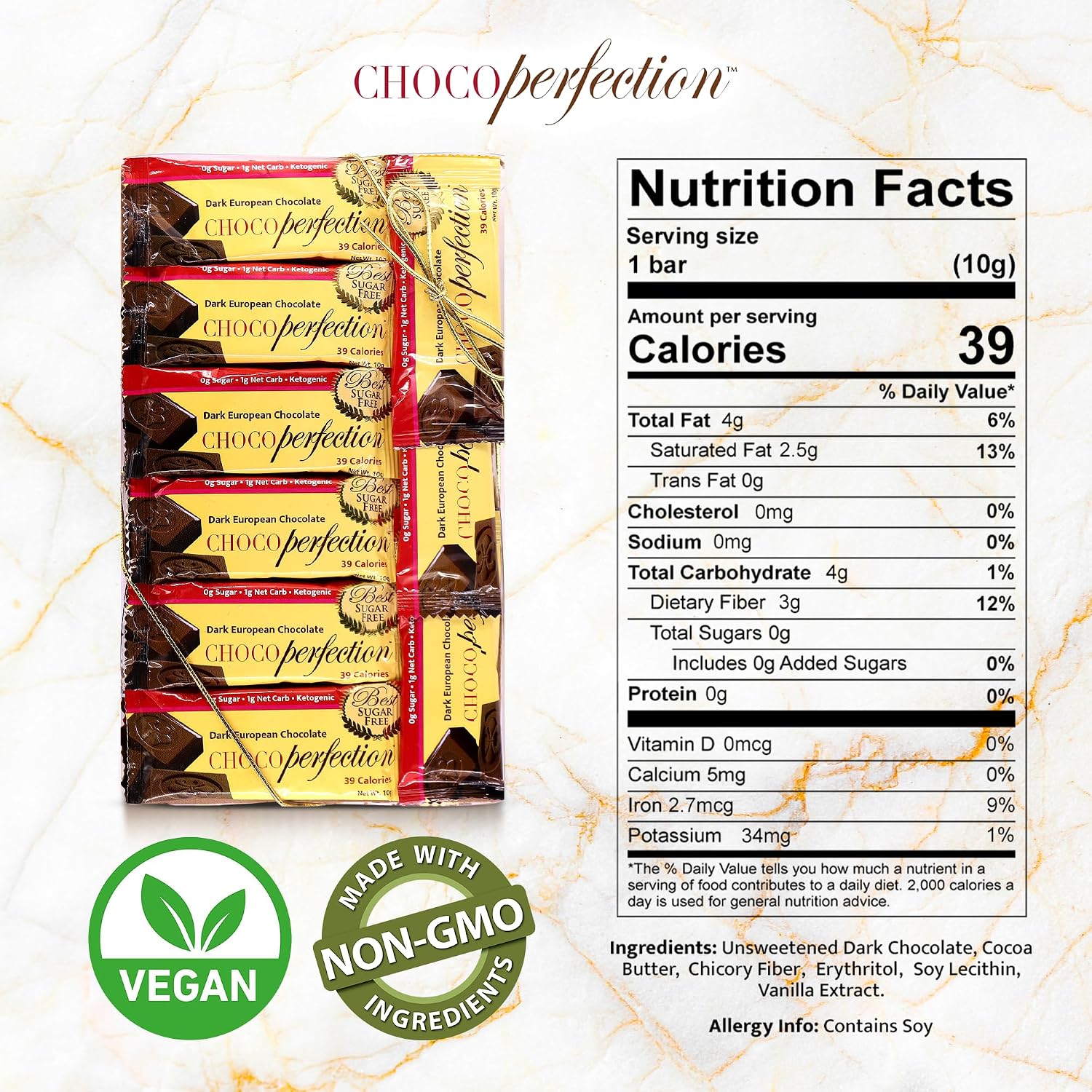 ChocoPerfection Sugar Free Dark Chocolate Bars - Gluten Free - 30 Pack 10G